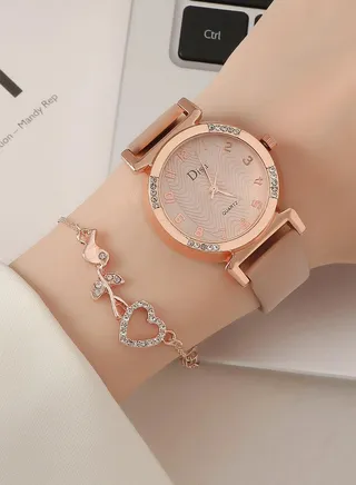 Set of 1 Piece Rhinestone Decor Quartz Watch and 1 Piece Bracelet 