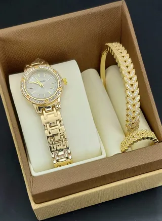 Analog watch, bracelet and ring set for women 