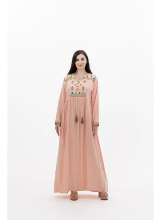 LONG VISCOSE PEACH COLOUR SIMPLE ELEGANT ARABIC KAFTAN JALABIYA DRESS 