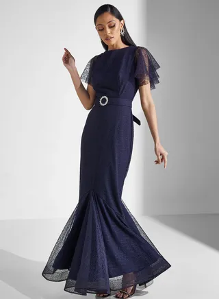 Flared Sleeve Mesh Belted Dress 
