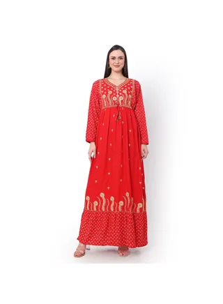 EMBROIDERED WITH PRINTED SOLID RED COLOUR ARABIC JALABIYA DRESS 