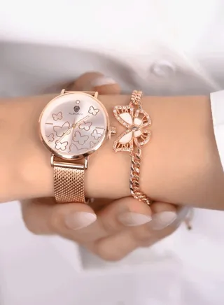 Captivating Rose Gold Zirconium Watch and Bracelet Set with Butterfly Design 