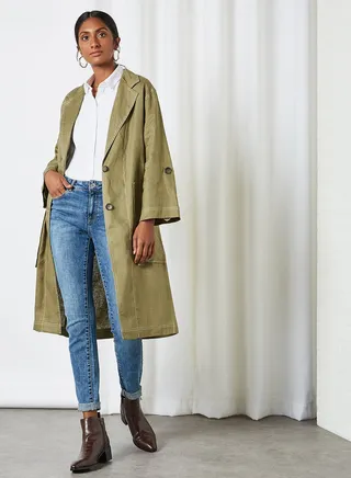 Button Detail Long Bottom Trench Coat Green 