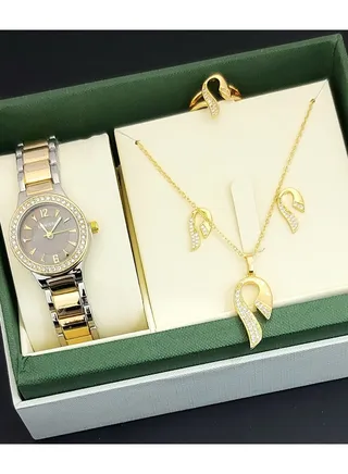 A set of an analog watch and a set consisting of a necklace, earring and a ring for women 