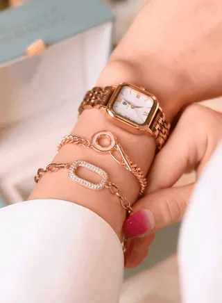 Rose gold watch set with two chain bracelets with crystals 