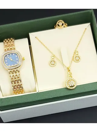 A set of an analog watch and a set consisting of a necklace, earring and a ring for women 