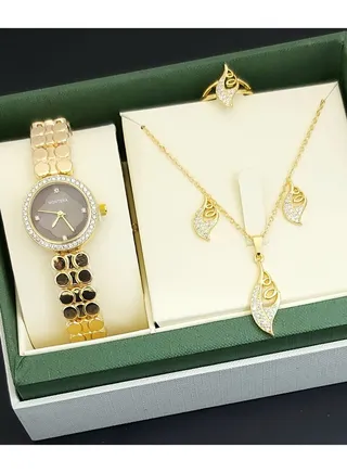 A set of an analog watch and a set consisting of a necklace, earring and a ring for women 