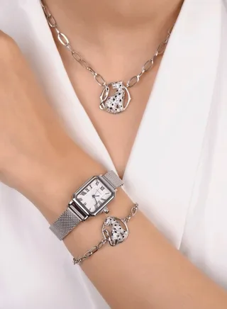 Silver watch set with a tiger-themed necklace and bracelet, encrusted with zircon 