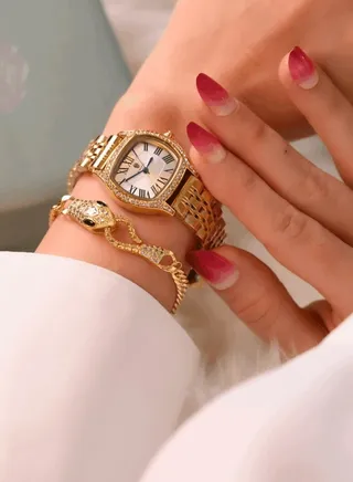 Gold Watch set with snake bracelet studded with zircon 