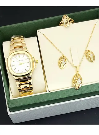 A set of an analog watch and a set consisting of a necklace, earring and a ring for women 