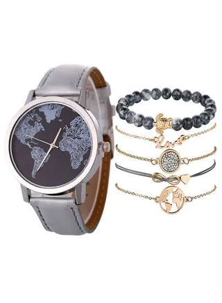 Women's 6-Piece Retro Map Leather Analog Watch And Bracelet Set NSSB037000224 