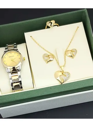 A set of an analog watch and a set consisting of a necklace, earring and a ring for women 