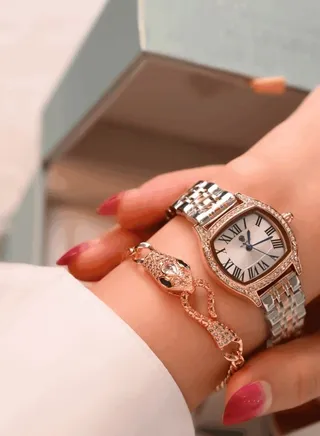 Rose Gold Watch set with snake bracelet studded with zircon 