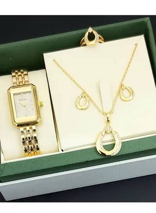 A set of an analog watch and a set consisting of a necklace, earring and a ring for women 