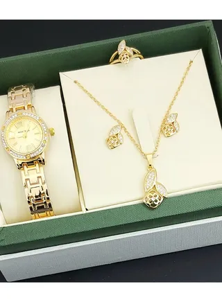 A set of an analog watch and a set consisting of a necklace, earring and a ring for women 