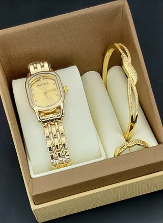 Analog watch, bracelet and ring set for women 