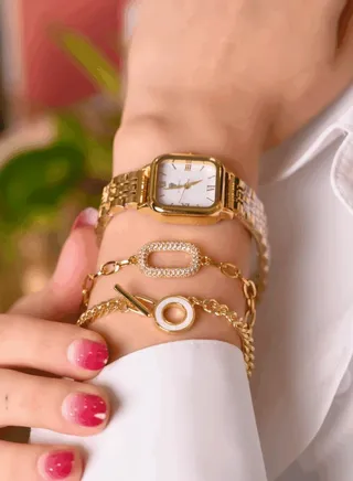 White gold watch set with two chain bracelets with crystals 