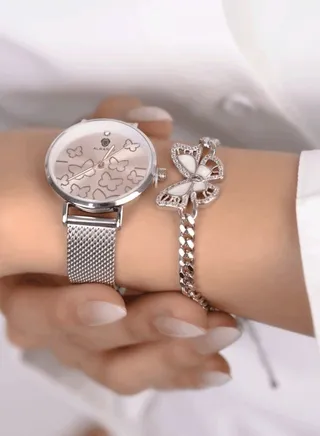 Captivating Silver Zirconium Watch and Bracelet Set with Butterfly Design 