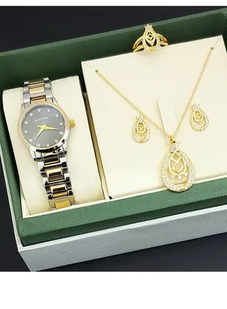 A set of an analog watch and a set consisting of a necklace, earring and a ring for women 