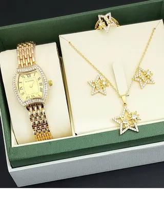 A set of an analog watch and a set consisting of a necklace, earring and a ring for women 