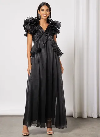 Puff Shoulder V Neck Dress 