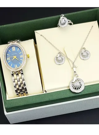 A set of an analog watch and a set consisting of a necklace, earring and a ring for women 