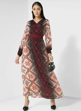 V-Neck Floral Print Jalabiya 