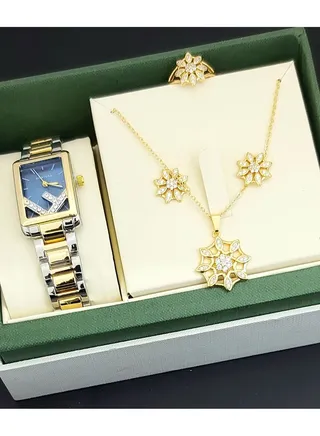 A set of an analog watch and a set consisting of a necklace, earring and a ring for women 