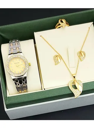 A set of an analog watch and a set consisting of a necklace, earring and a ring for women 