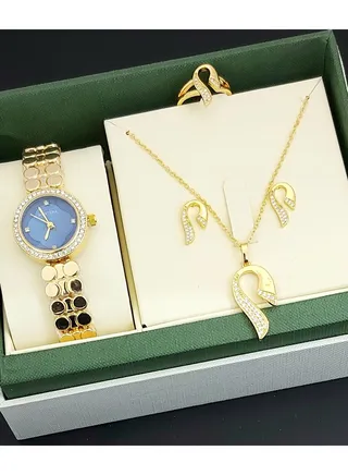 A set of an analog watch and a set consisting of a necklace, earring and a ring for women 