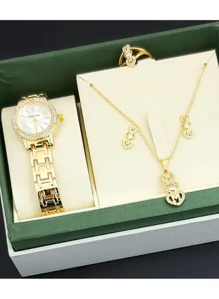 A set of an analog watch and a set consisting of a necklace, earring and a ring for women 