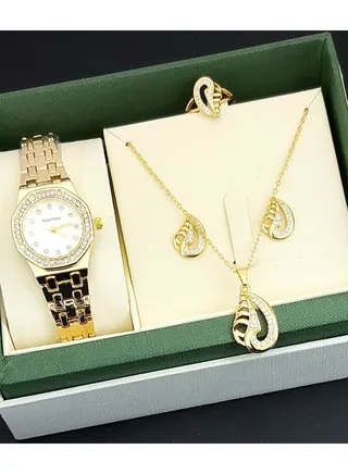 A set of an analog watch and a set consisting of a necklace, earring and a ring for women 
