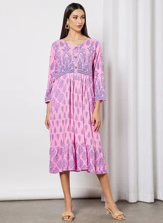 All Over Printed Round Neck Three Quarter Sleeve Jalabiya 