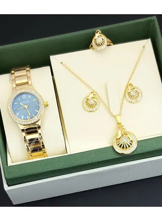 A set of an analog watch and a set consisting of a necklace, earring and a ring for women 