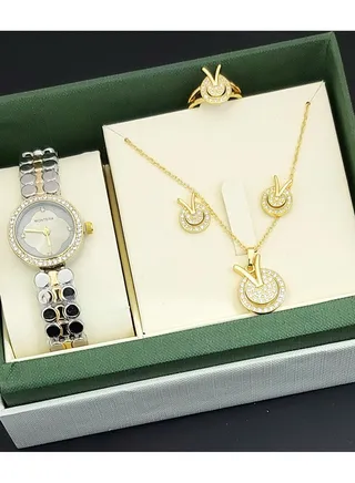 A set of an analog watch and a set consisting of a necklace, earring and a ring for women 