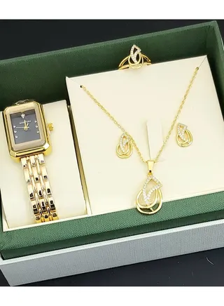 A set of an analog watch and a set consisting of a necklace, earring and a ring for women 