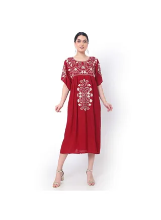 SHORT RED EMBROIDERED ELEGANT CASUAL WEAR ARABIC JALABIYA DRESS 