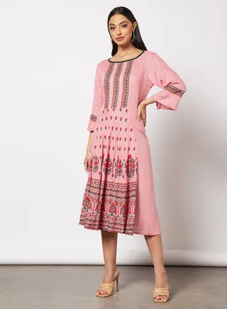 Casual Cotton Printed Round Neck All Over Jalabiya With Facemask For Women 