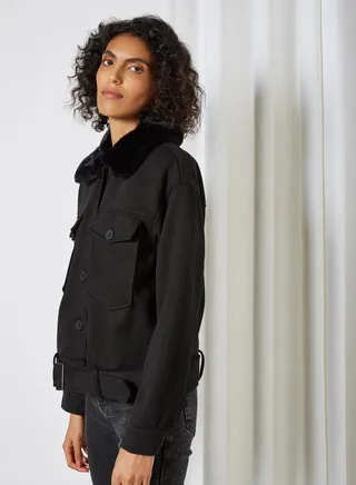 Belted Hem Collared Neck Jacket Black 