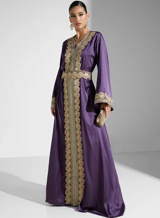 Lace Detail Moroccan Jalabiya With Belt