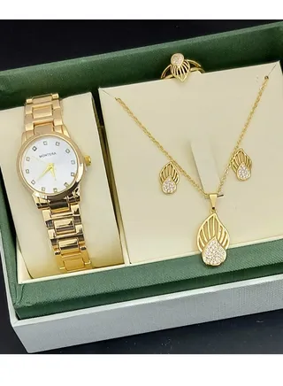 A set of an analog watch and a set consisting of a necklace, earring and a ring for women 