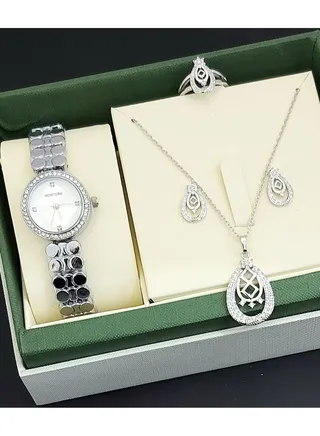 A set of an analog watch and a set consisting of a necklace, earring and a ring for women 
