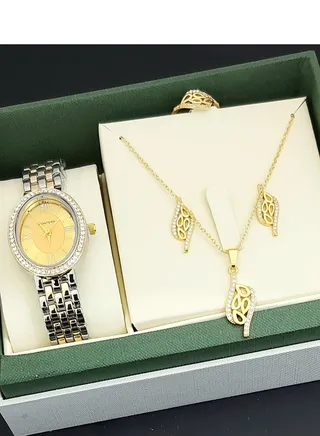 A set of an analog watch and a set consisting of a necklace, earring and a ring for women 