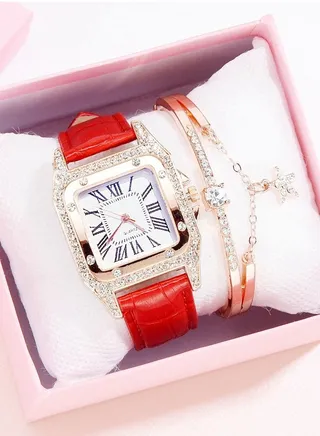 Fashionable bucket shaped square women's quartz watch with exquisite rhinestones on the dial, a two-piece set of watches and bracelets 