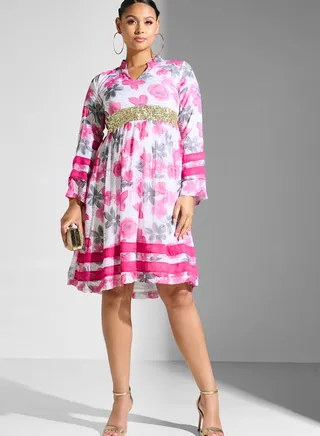 High Neck Floral Printed Pleated Dress 