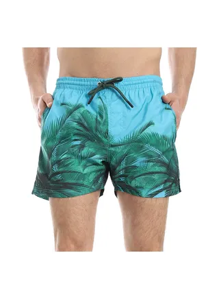 Slip On Palm Pattern Swim Shorts - Light Blue & Green 
