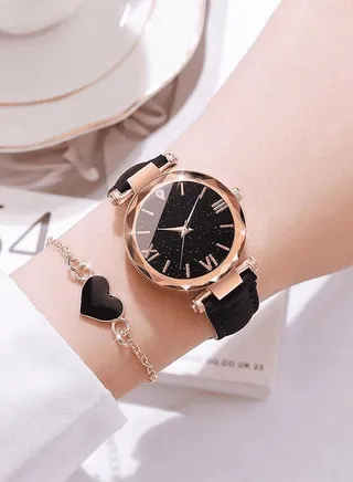 Set of 1 Piece PU Quartz Watch and 1Piece Heart Shape Bracelet Set 