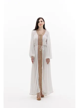SOLID WHITE COLOUR POLYESTER WITH THIN BELT ARABIC JALABIYA DRESS 