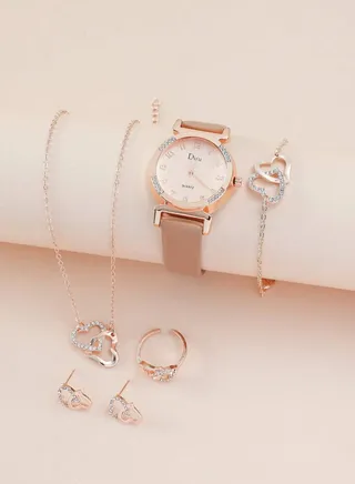 Round Pointer Dial Quartz Watch and 5 Piece Jewelry Set 