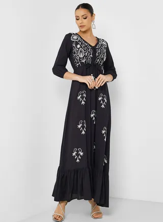 Embroidered V-Neck Jalabiya